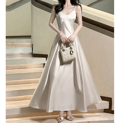 French Satin Spaghetti Strap Engagement Birthday Gown Dress