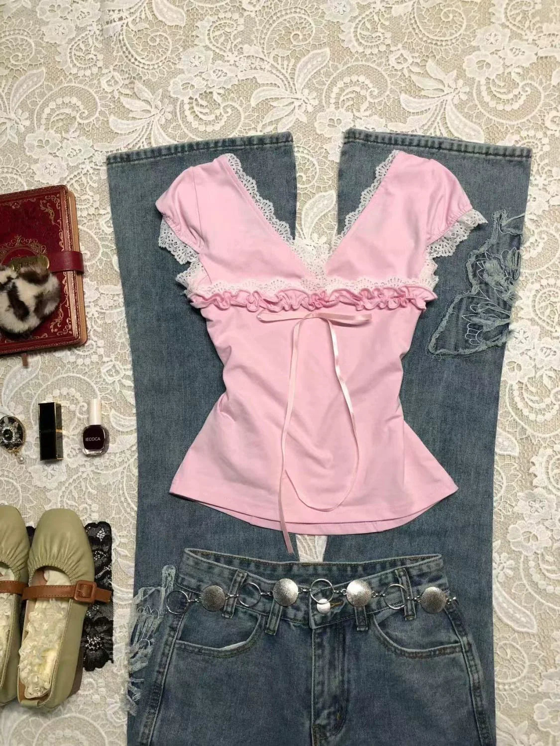 Pink Subculture Y2K E-girl Abi American Retro Lace & Bow Short Sleeve Top
