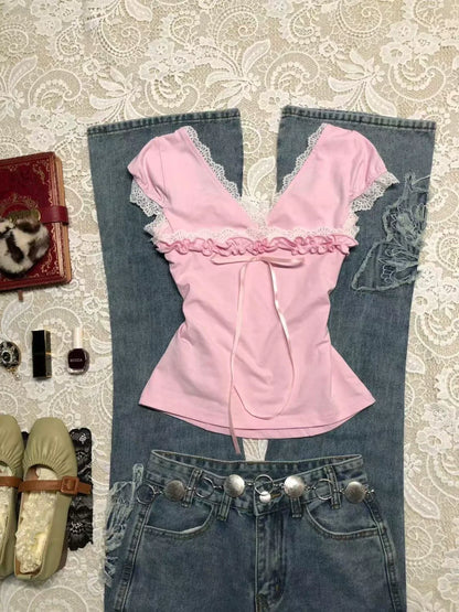 Pink Subculture Y2K E-girl Abi American Retro Lace & Bow Short Sleeve Top