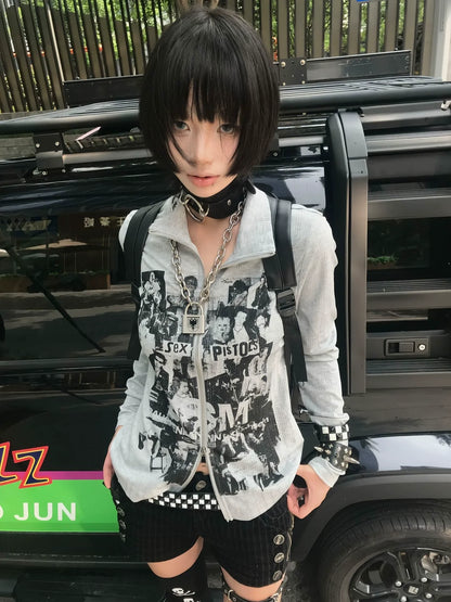 Punk Y2K Visual Kei Sheer Cardigan Early Autumn Slim Fit Long Sleeve Vintage Top