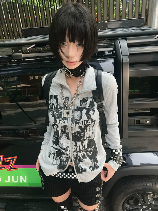 Punk Y2K Visual Kei Sheer Cardigan Early Autumn Slim Fit Long Sleeve Vintage Top