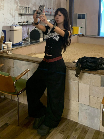 Y2K Hot Girl Off-Shoulder Lace-Up Corset Tee  Slim Fit Cropped Summer Top