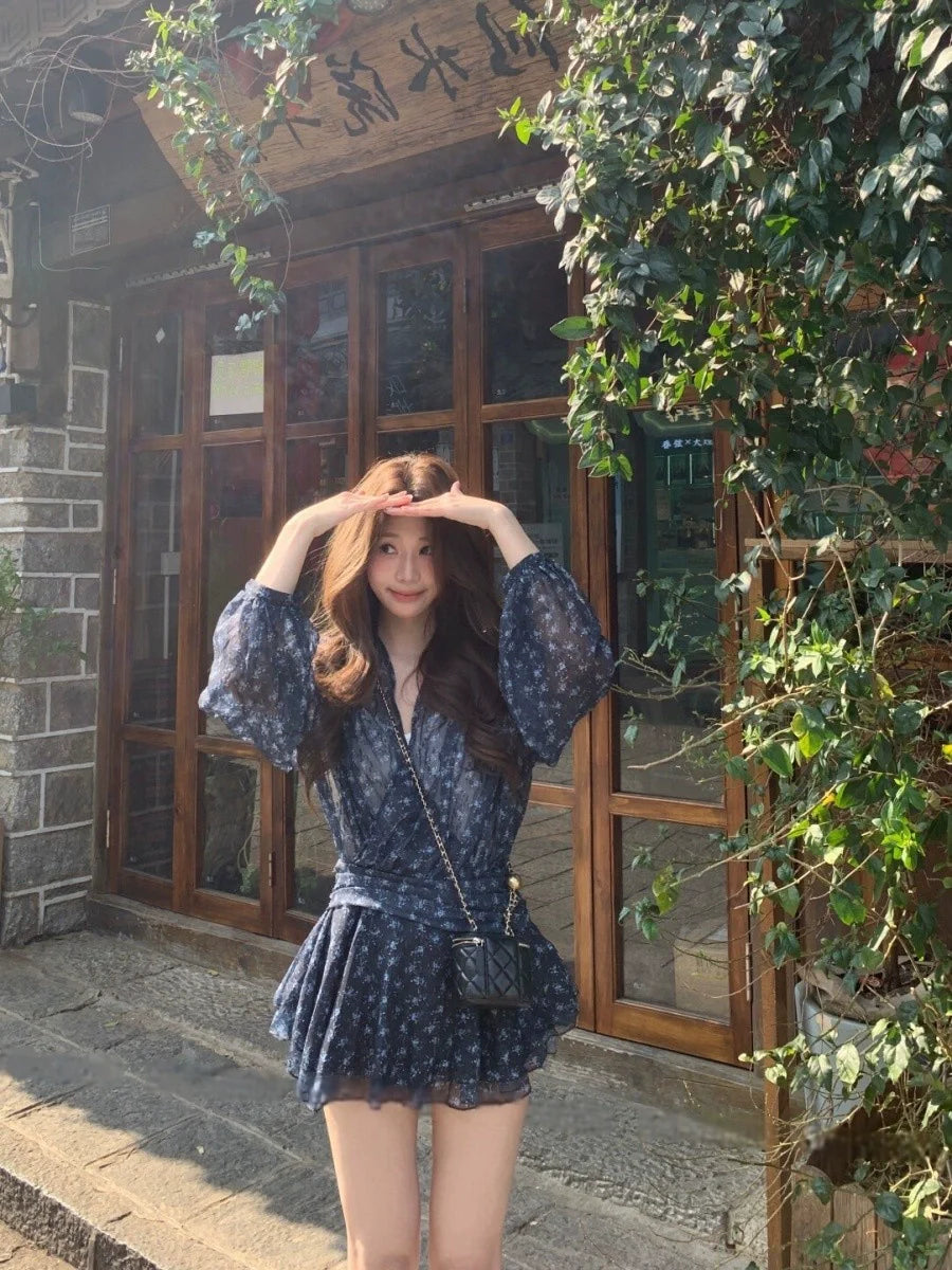 French Floral V-Neck Chiffon Long-Sleeve Waist-Cinched Mini Dress