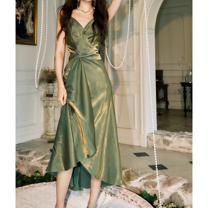 Green Waist-Flattering Spaghetti Gown Dress