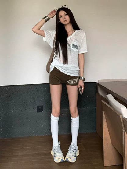 American White V-Neck Short Sleeve Tee Snow Cotton Relaxed Fit Top