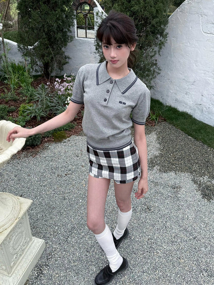 Gray Knitted Polo Tee Summer Short Sleeve Vintage Preppy Top Slim Fit