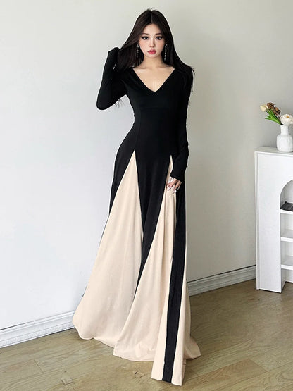 French Chic Retro Color-Block V-Neck Maxi Dress