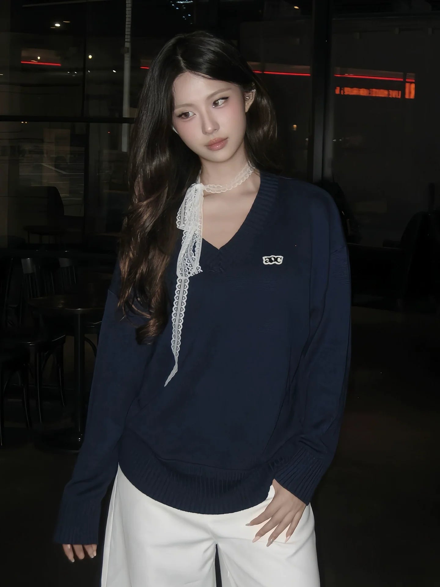 Korean V-Neck Knit Sweater Early Autumn Vintage Lazy Style Pullover Loose Fit