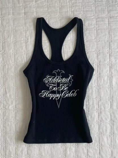 Black American Vintage Letter Print Slim Y2K Tank Top
