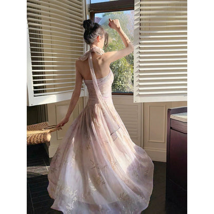 French Embroidered Floral Halter Beach Gown Dress