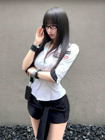 Sporty Baseball Striped Short Sleeve Shirt