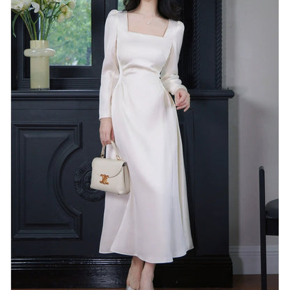 French Satin Square Neck A-Line Long Sleeve Gown Dress