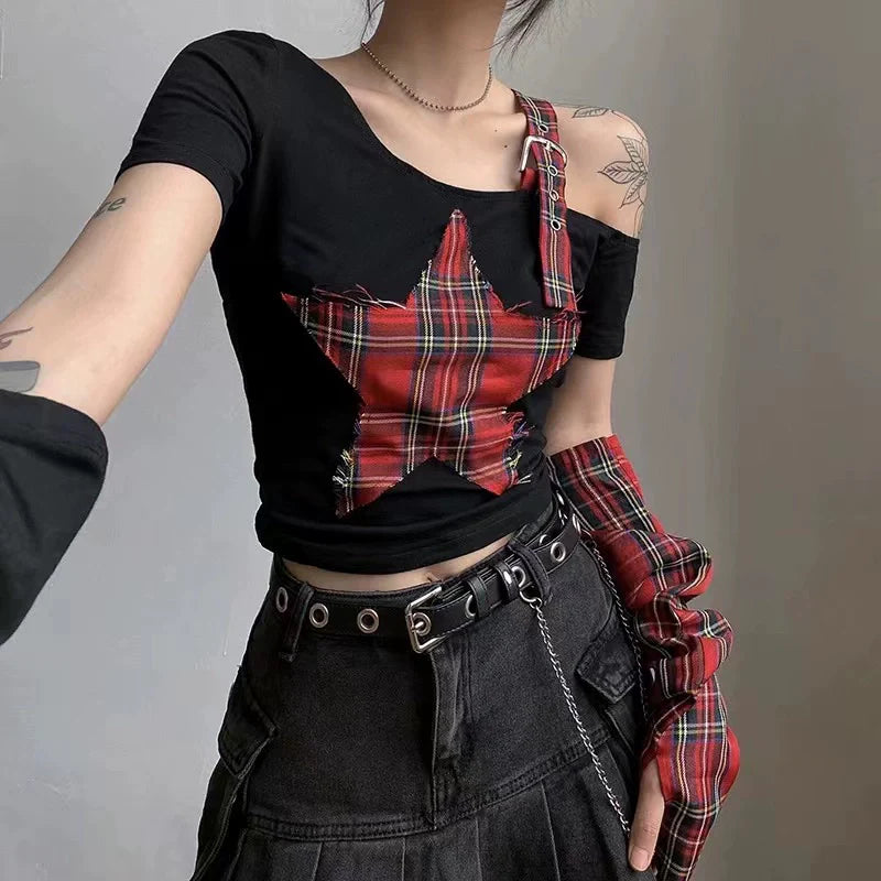 Black (With Arm Sleeves) Subculture Punk Y2K E-girl Gypsy-Style Plaid Asymmetrical Off-Shoulder Top