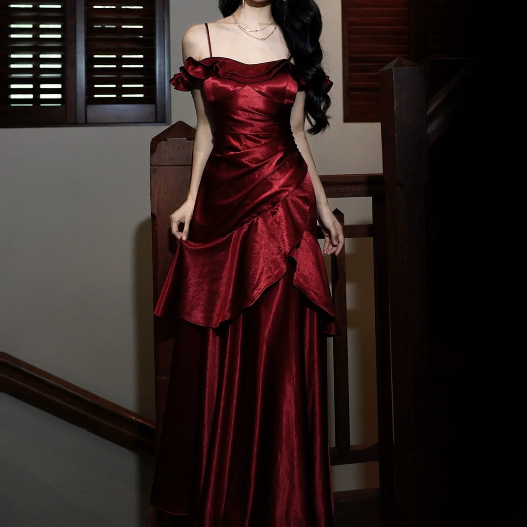 French Satin Off Shoulder Red Ruffle Gown Dress