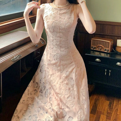 French Pink Rose Sleeveless Ball Gown Dress