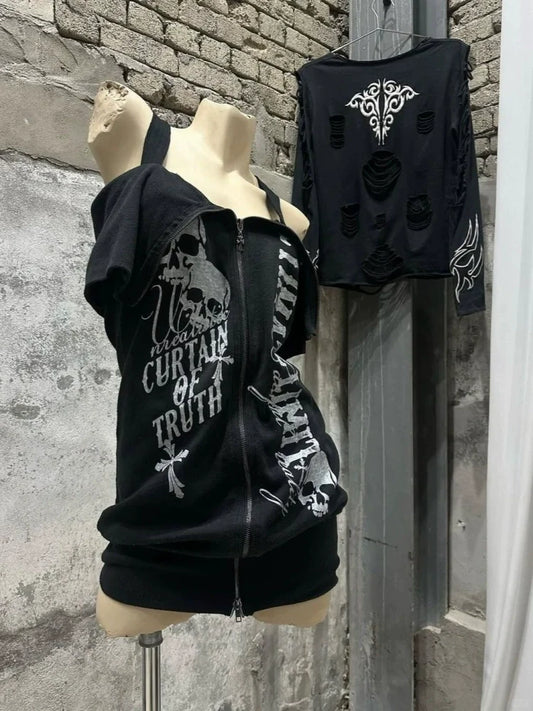 Black Subculture Rock Punk Y2K E-girl Abi American Retro One-Shoulder Short Sleeve Top