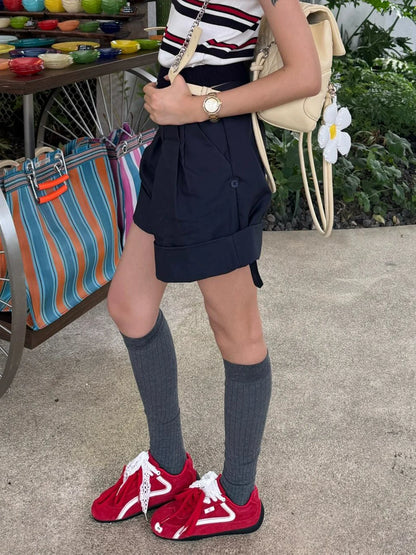 Navy Tailored High Waist Shorts Summer Loose Pants