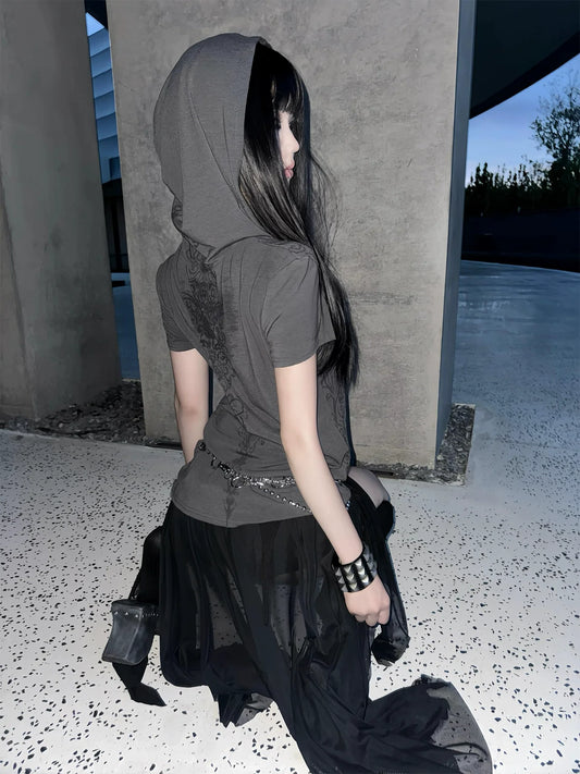 Punk Visual Kei Short Sleeve Hoodie Sketch Print Shoulder T Shirt