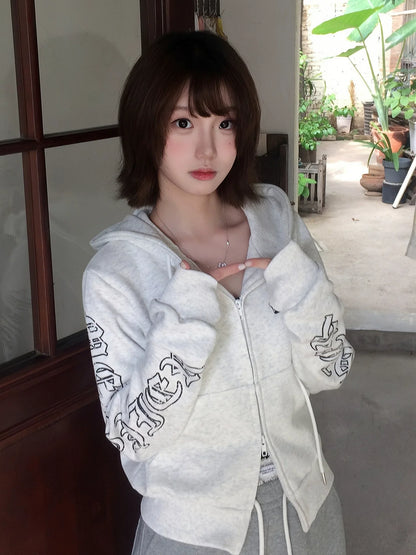 American Letter Print Zip Hoodie Cropped Vintage Sweatshirt Jacket