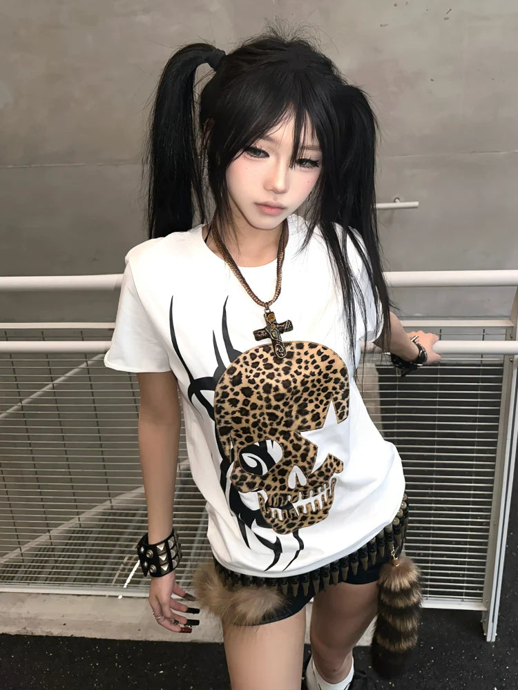 Y2K Skull Leopard Print Short Sleeve Top for Summer
