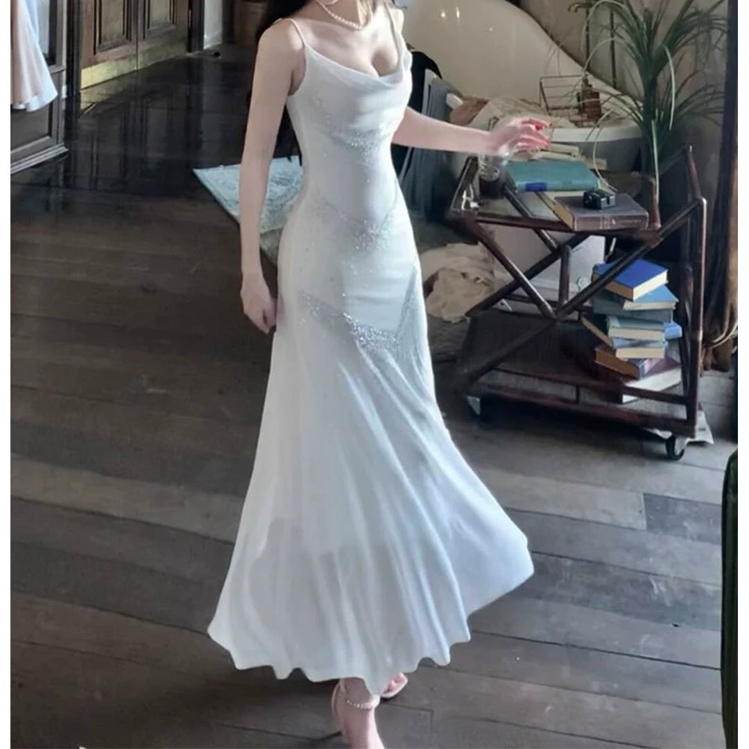 French Luxury Rhinestone Spaghetti Strap Gown Dress