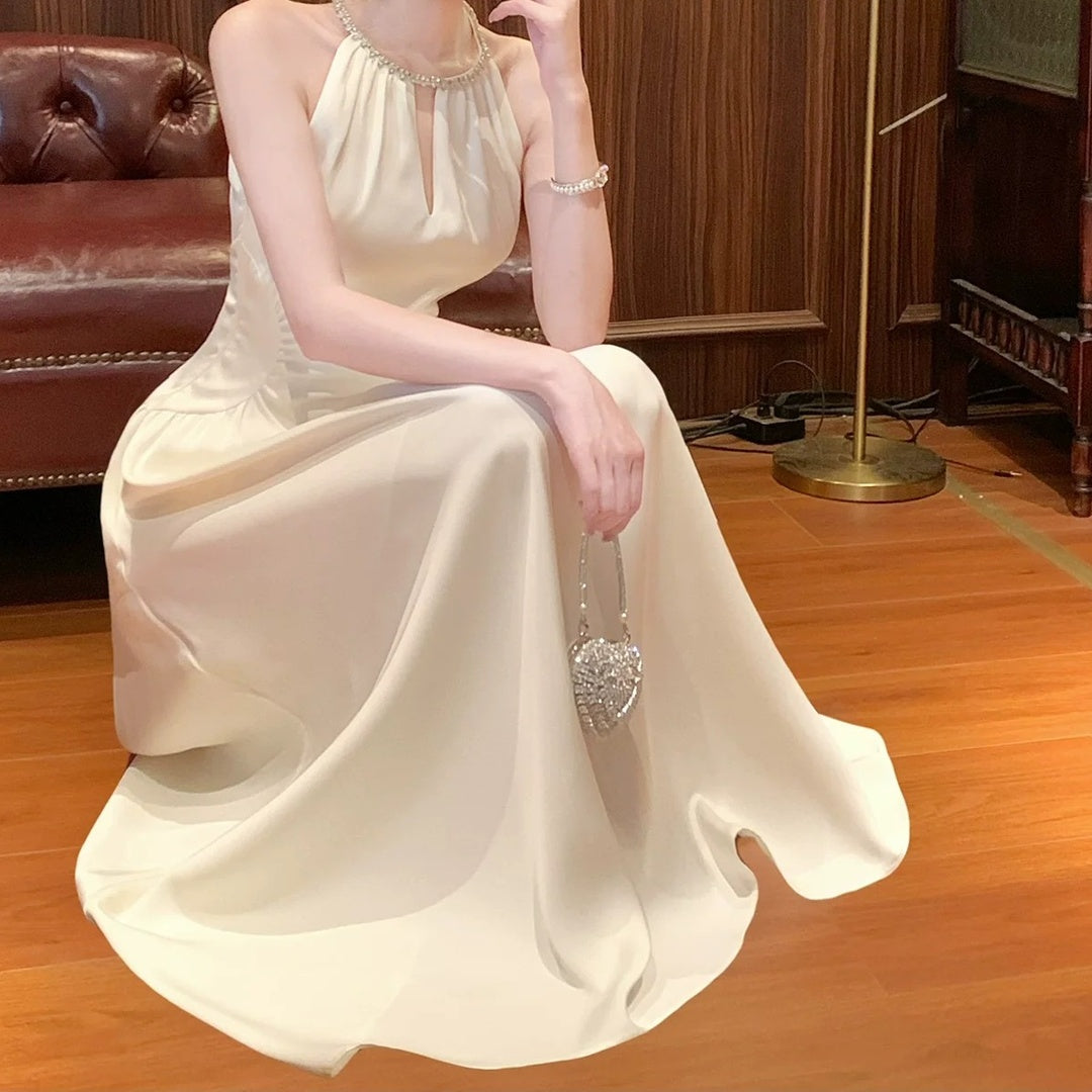Satin Halter Neck Gown with Rhinestone Prom Dress