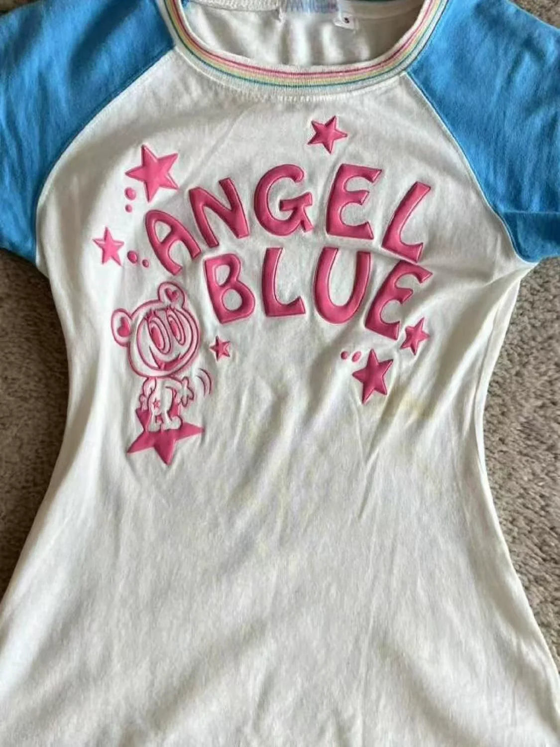 White Subculture Y2K E-girl Abi American Retro Color-Block Cartoon Print Short Sleeve Top