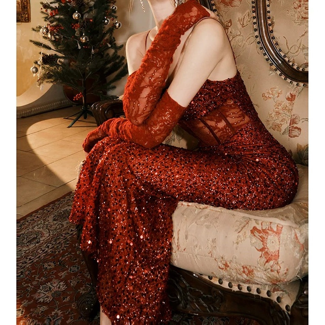 Red Sequin Lace Mermaid Gown Prom Dress