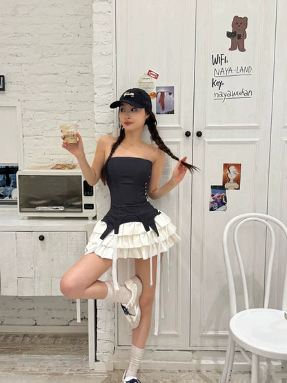 American-Style Tube-Top Sexy Tiered Fake Two-Piece Petite-Friendly Summer Mini Dress