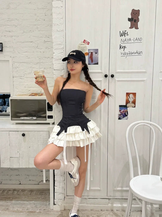 American-Style Tube-Top Sexy Tiered Fake Two-Piece Petite-Friendly Summer Mini Dress