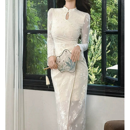Chinese Embroidered Long Sleeve Cheongsam Gown Dress