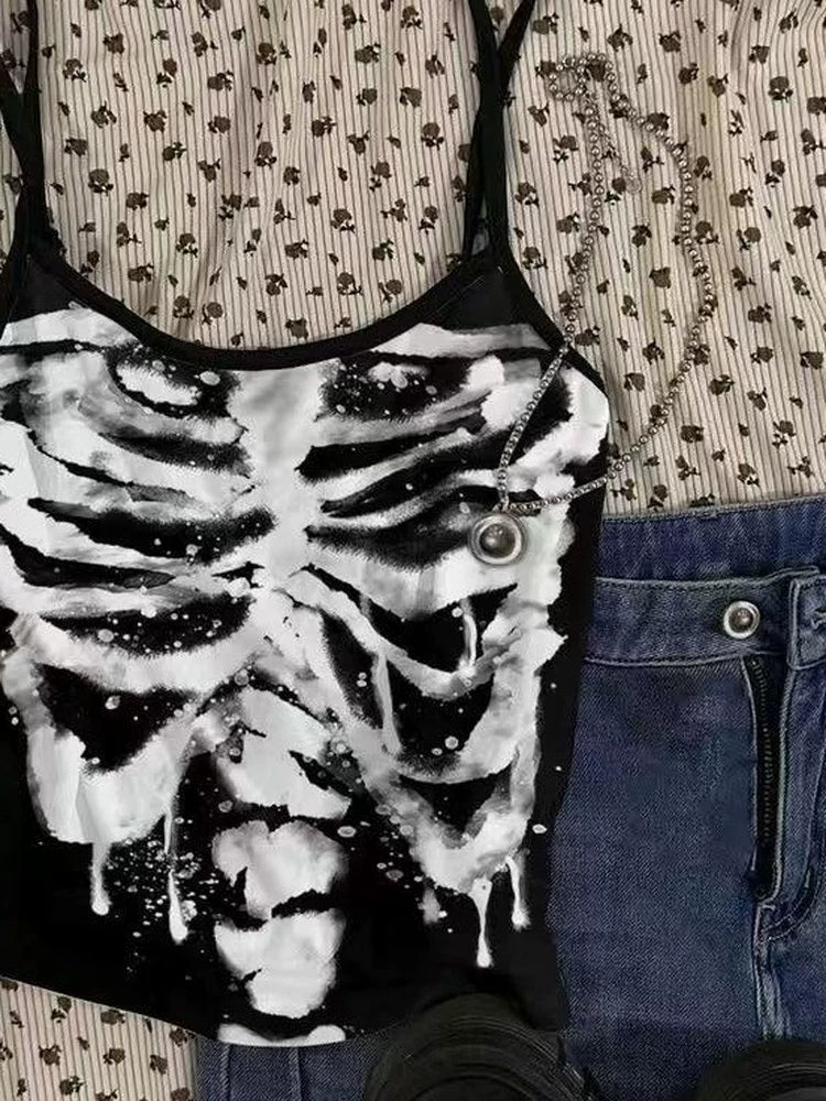 White Skeleton Print Light Subculture Y2K Tank Top