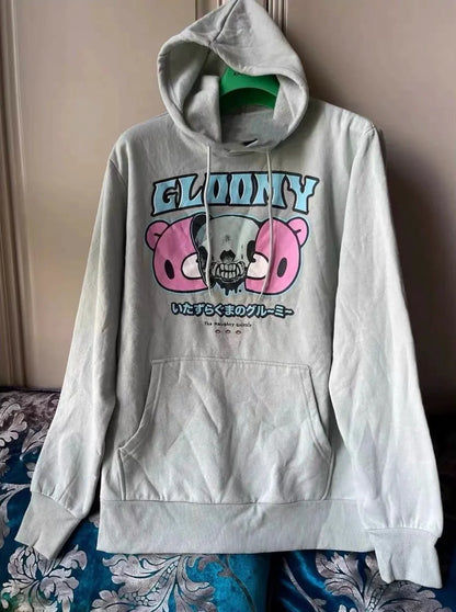 Gray Skull & Blood-Pink Violent Bear Hoodie Subculture Y2K Dark Rock Autumn/Winter E-girl Hooded Sweatshirt