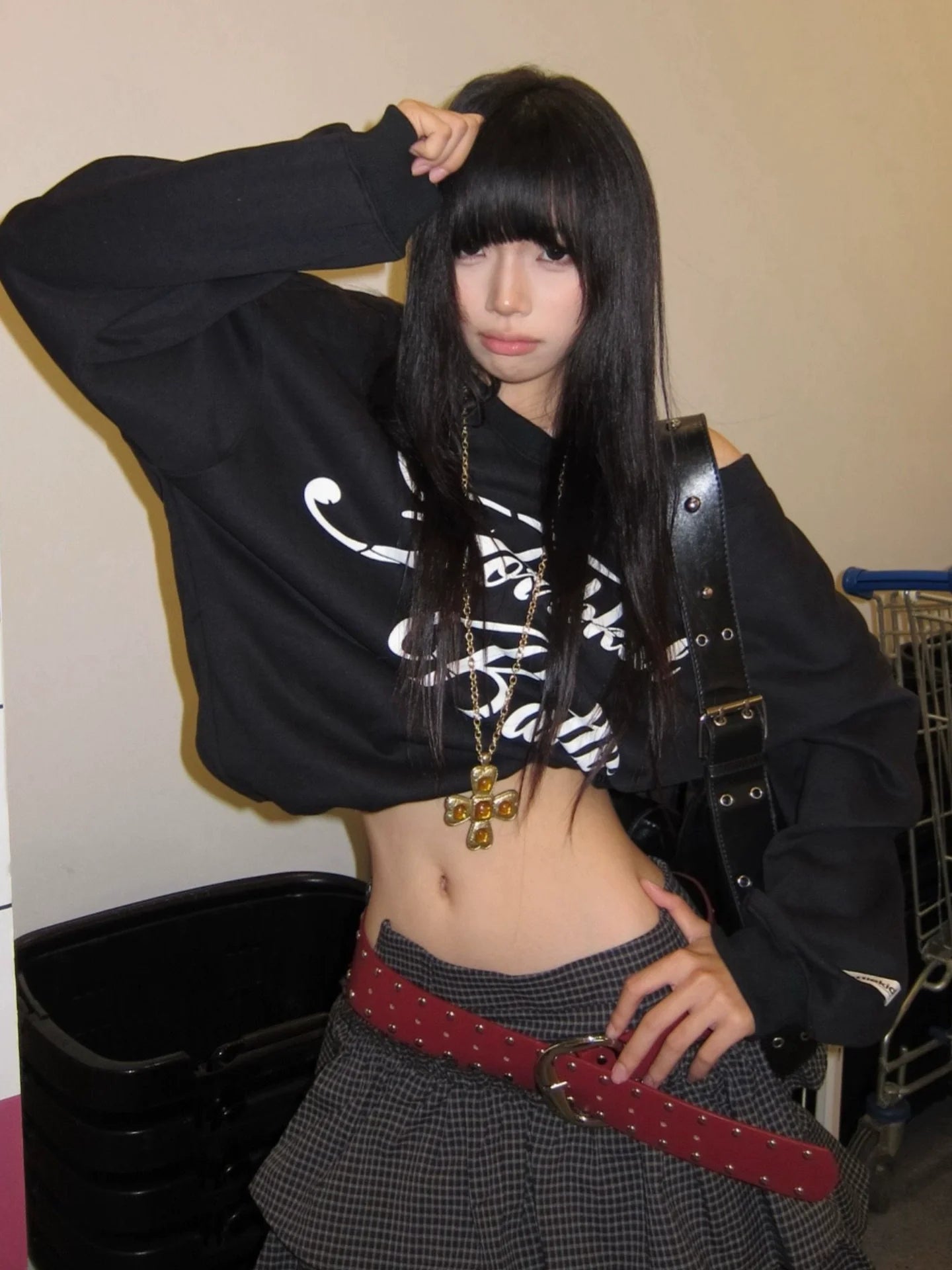 American Off-Shoulder Black Sweatshirt Vintage Letter Print Loose Top