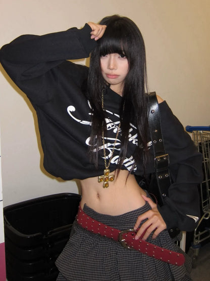 American Off-Shoulder Black Sweatshirt Vintage Letter Print Loose Top
