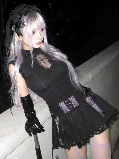 Gothic Sleeveless Tank Cross Hollow-Out Fitted Y2K Top