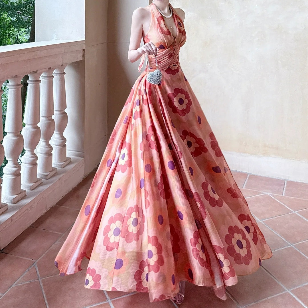 French Orange Floral Halter Neck Gown Dress – Summer Vacation Dress