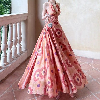 French Orange Floral Halter Neck Gown Dress – Summer Vacation Dress