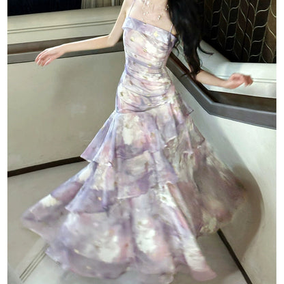 Purple Floral Ruffle Halter Gown Dress