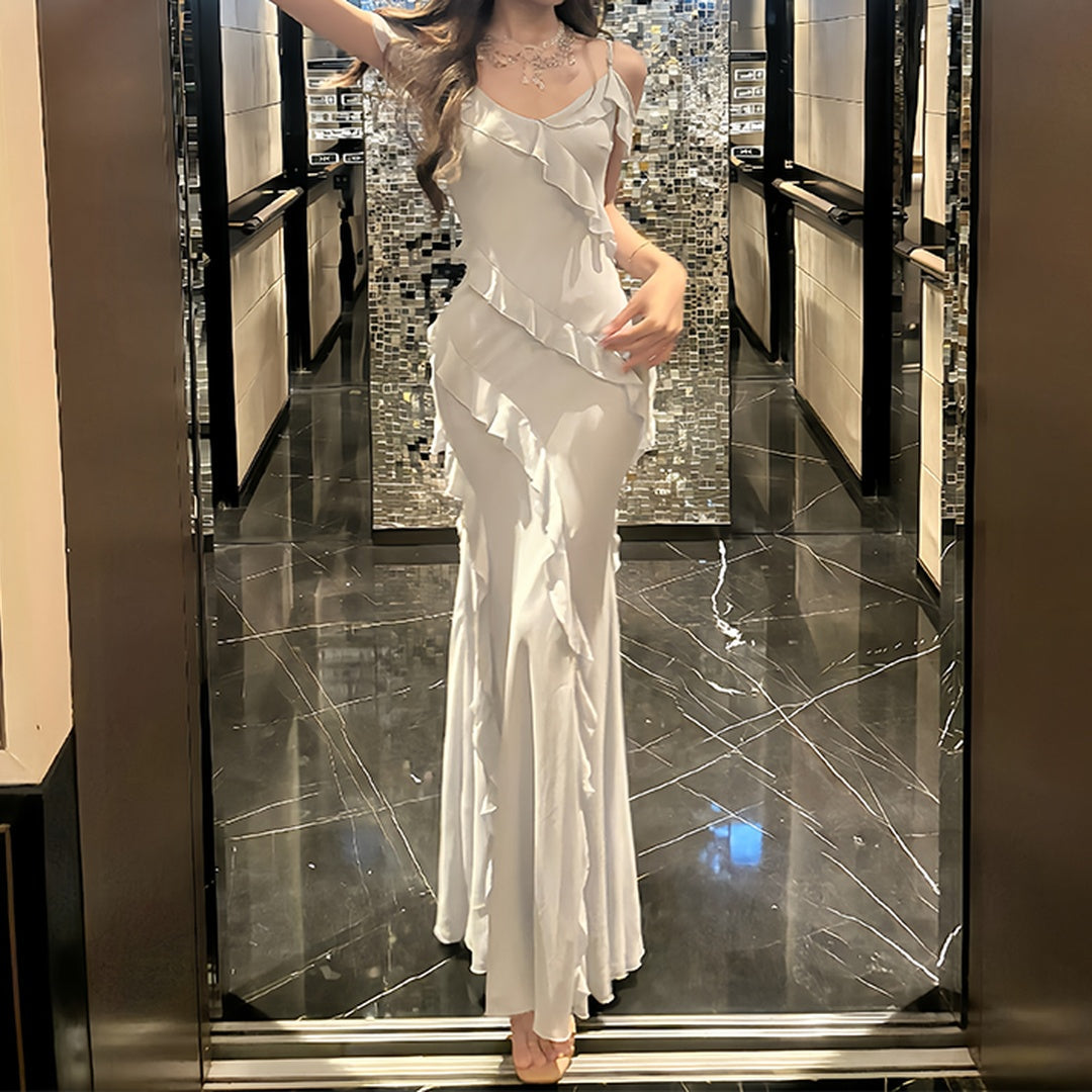 French Blue Ruffle Halter Mermaid Gown Dress