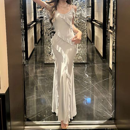 French Blue Ruffle Halter Mermaid Gown Dress