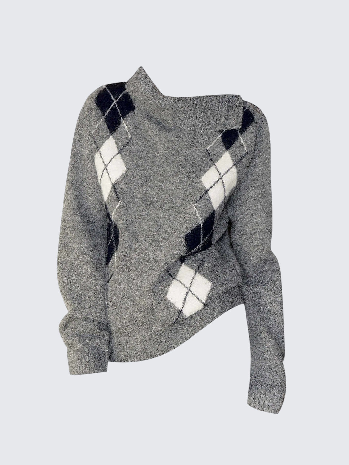 Argyle Asymmetric Collar Knit Sweater Women