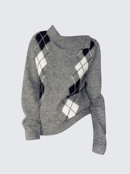 Argyle Asymmetric Collar Knit Sweater Women