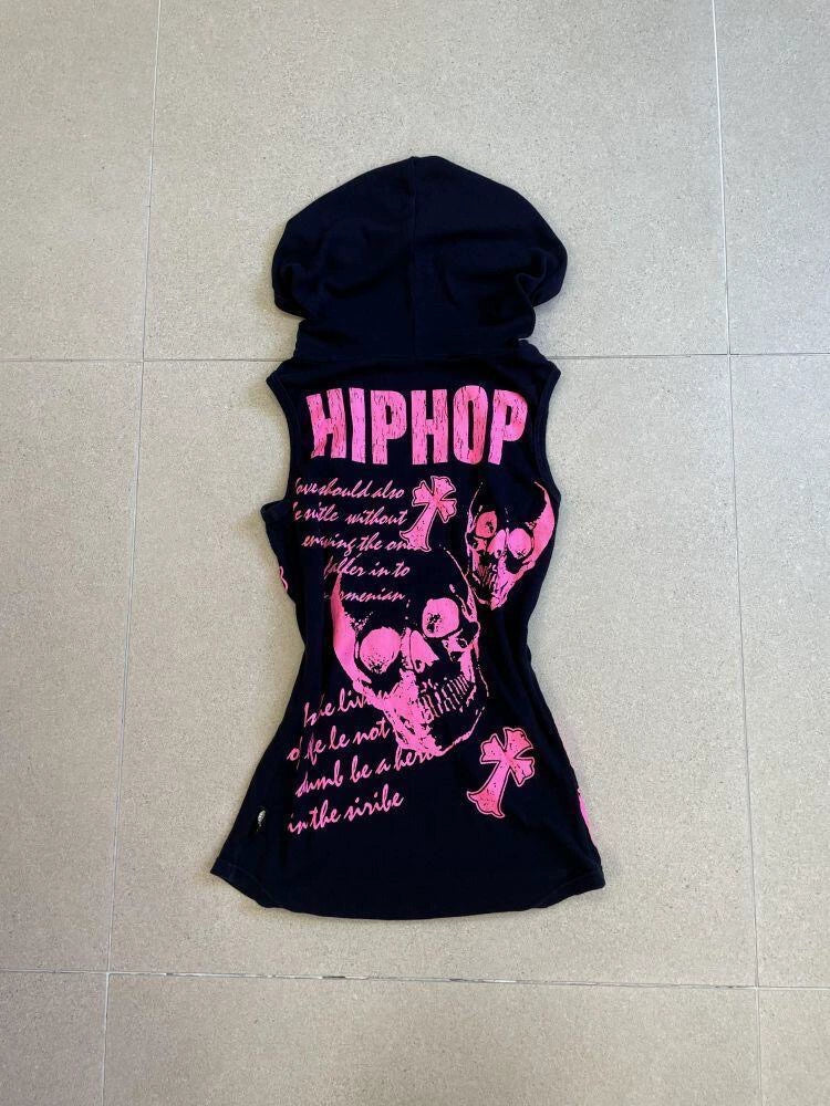 Skull Sleeveless Hooded Y2K T-Shirt