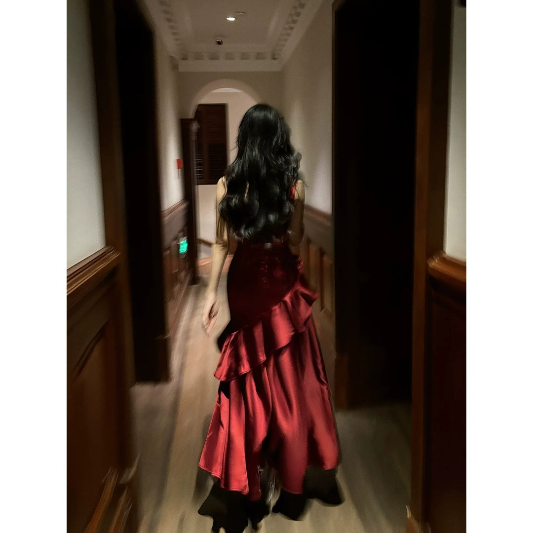 French Satin Red Ruffle Birthday Gown Dress