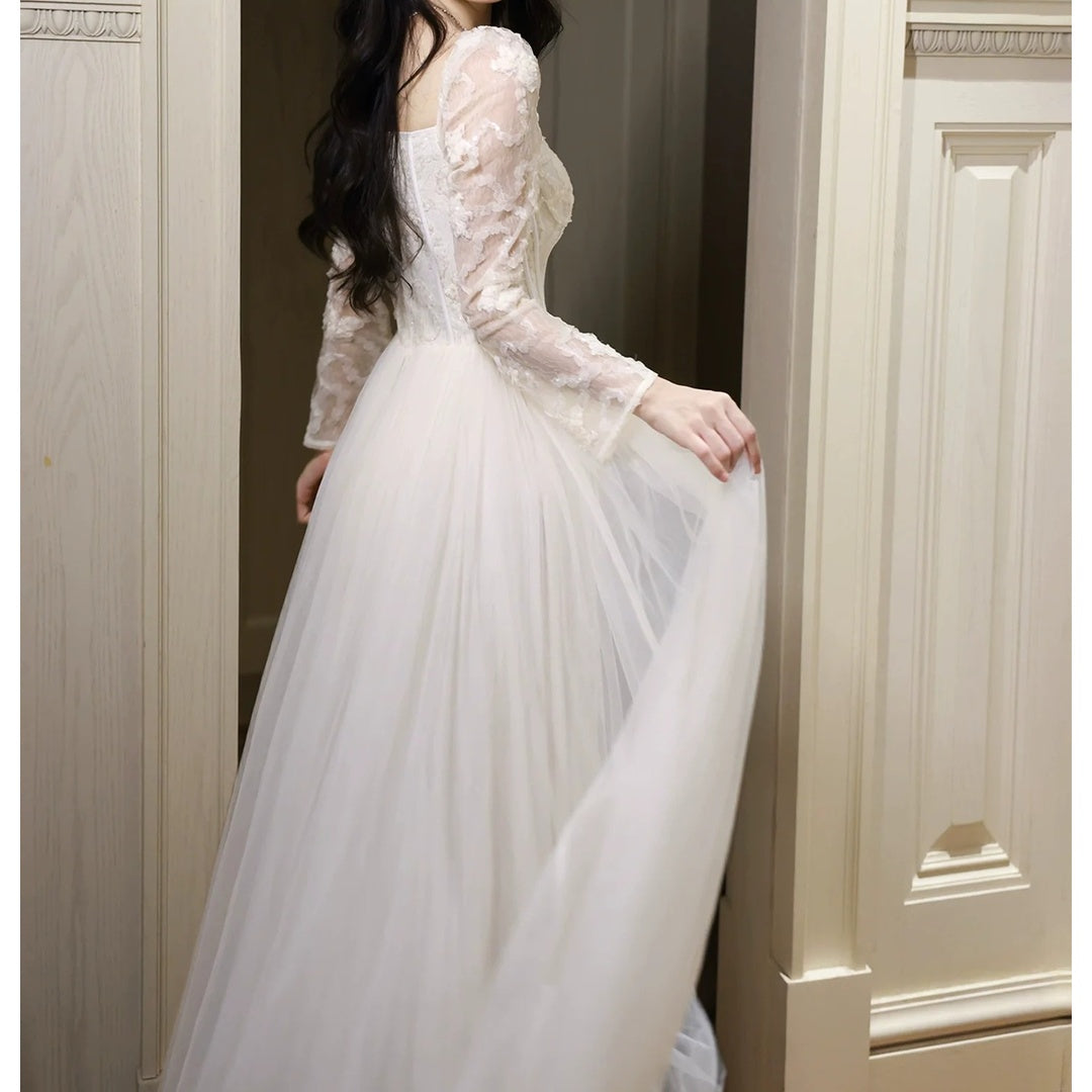 French Luxury Mesh Long Sleeve Bone Gown Dress