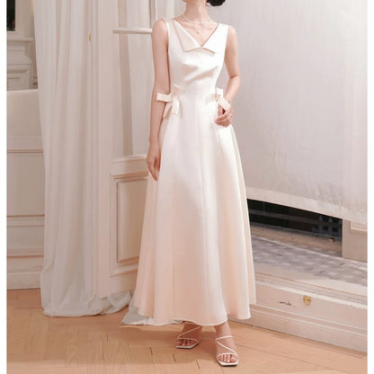 French White Satin V-Neck Sleeveless Butterfly Gown Dress