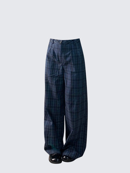 Vintage Navy Plaid Wide-Leg Pants