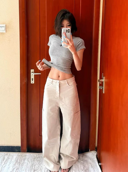 Gray Subculture Y2K E-girl Abi American Retro Cross Print Light Subculture Short Sleeve Top