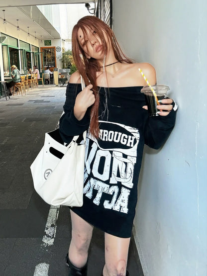 Retro One Shoulder Diamond Letter Tee